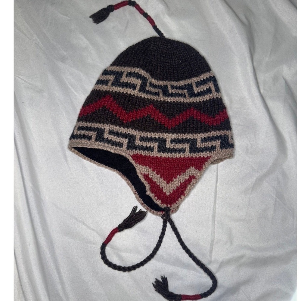 Vintage REI Nordic Earflap Beanie Unisex OS Brown Red Fleece Lined Winter Hat